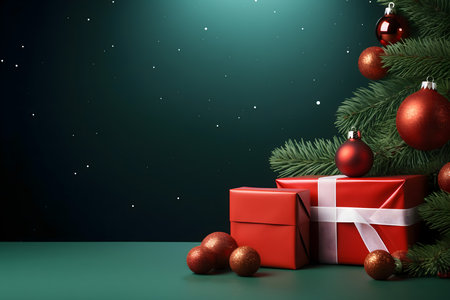 Christmas background with red balls and gift boxes. 3D illustration.の素材