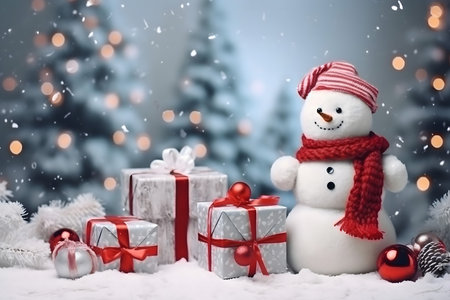 Christmas greeting card with snowman and gift boxes on bokeh backgroundの素材
