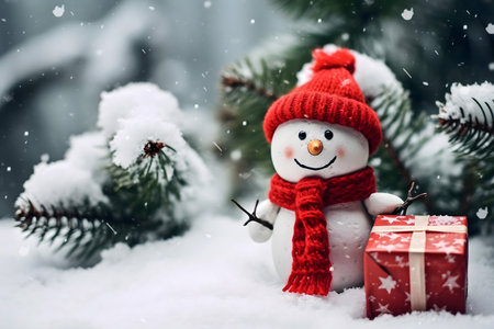 Snowman with red scarf and red gift box in winter forest.の素材