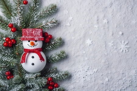 Christmas greeting card with fir tree branches, snowman and red berries. Top view with space for your greetingsの素材