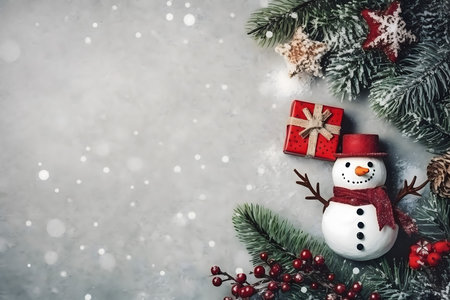 Christmas greeting card. Festive decoration on bokeh background. New Year concept. Copy space.  Flat lay. Top view.の素材