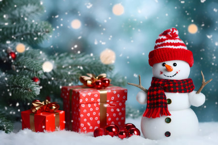 Snowman with Christmas gift boxes on bokeh background, closeupの素材