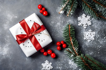 Christmas greeting card. Festive decoration. New Year concept. Copy space.  Flat lay. Top view.の素材