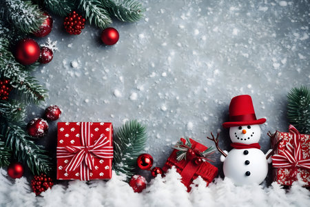 Christmas greeting card. Festive decoration on wooden background. New Year concept. Copy space.の素材