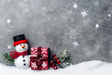 Christmas greeting card with snowman, gift boxes and fir branch on snow. Copy space.の素材