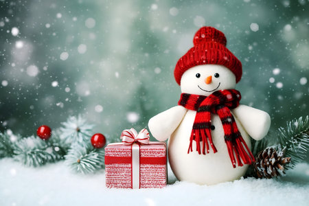 Christmas snowman with gift box and fir branch on green bokeh backgroundの素材
