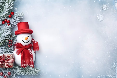 Christmas greeting card with snowman and gift box. Top view with space for your greetingsの素材