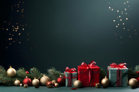 Christmas background with red gift boxes and christmas balls. 3d renderの素材