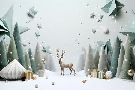 Christmas and New Year background with Christmas tree, deer, gift boxes and snowflakes.の素材