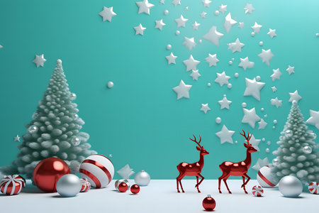 Christmas background with Christmas tree and reindeer. 3D renderingの素材