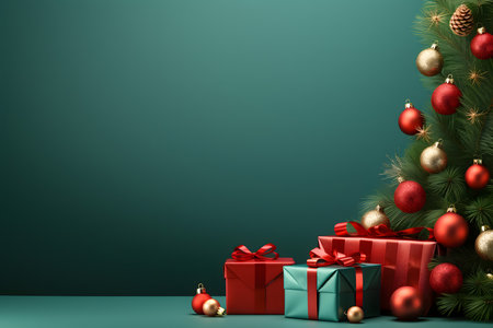 Christmas background with red gift boxes and christmas tree. 3D Renderの素材