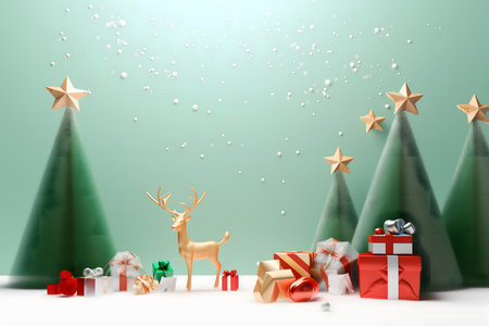 Christmas background with christmas tree, gifts and deer. 3d renderingの素材