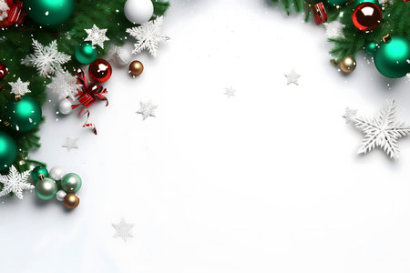christmas background with baubles and snowflakes on whiteの素材