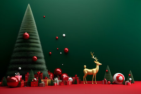 Christmas tree with presents and golden reindeer, 3d renderの素材