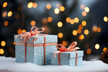 Gift boxes on snow with bokeh background. Christmas and New Year concept.の素材