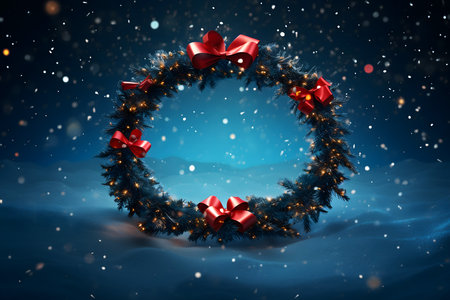 Composite image of christmas wreath against snowy landscape with fir treesの素材