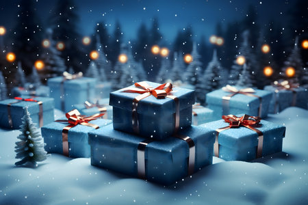Blue gift boxes with red ribbons in snowy forest. 3D renderingの素材