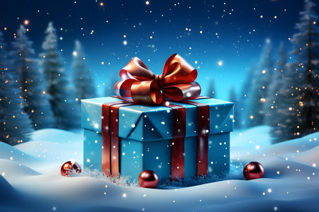 Christmas gift box with red bow in snowy landscape. 3D renderingの素材