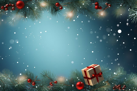 Christmas background with fir branches, red balls and gift box on blue backgroundの素材