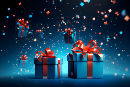 Blue gift boxes with red ribbons and confetti on dark backgroundの素材