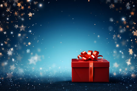 Red gift box with red bow on blue bokeh background.の素材