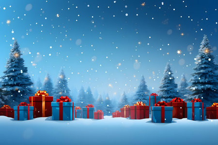 Christmas background with gift boxes and fir trees in the snow. Vector illustration.の素材
