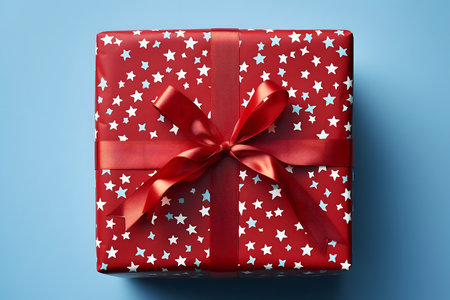 Red gift box with red ribbon and stars on blue background, top viewの素材