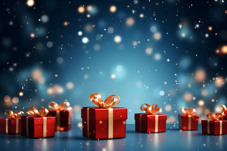 Christmas gift boxes on blue bokeh background. 3D renderingの素材