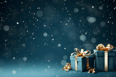 Blue gift boxes with golden bows on blue background with bokeh effectの素材