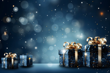 Blue gift boxes with golden ribbons on blue bokeh backgroundの素材