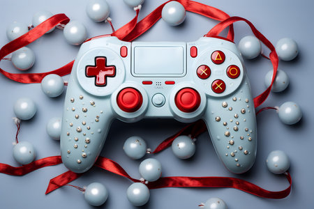 Retro video game controller with red ribbon and white beads on blue backgroundの素材