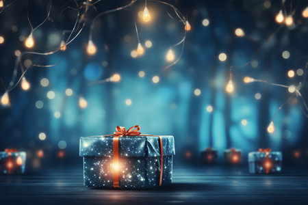 Gift box with red bow on wooden table in night forest. Christmas and New Year concept. 3D Renderingの素材