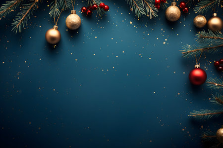 Christmas background with fir tree branches, red berries and golden Christmas balls on blue backgroundの素材