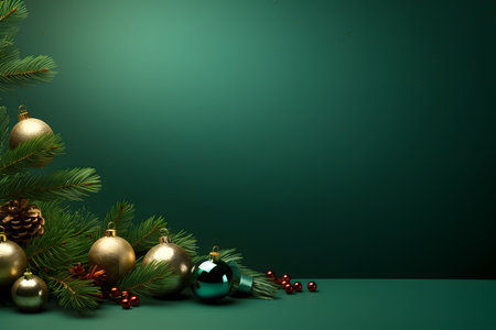 Christmas background with fir tree branches and baubles on green backgroundの素材