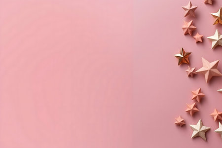 Christmas stars on pink background. Flat lay, top view, copy spaceの素材