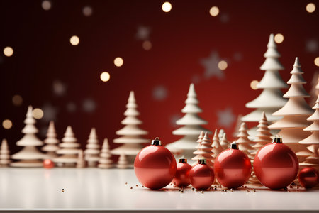 Christmas background with red baubles and christmas tree. 3d renderingの素材
