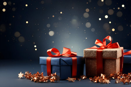 Christmas gift boxes with red ribbons and golden stars on dark backgroundの素材