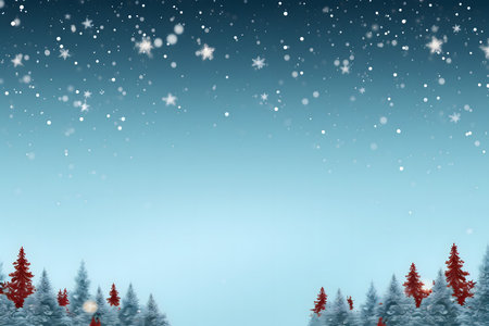 Christmas background with fir trees and falling snowflakes on blue skyの素材