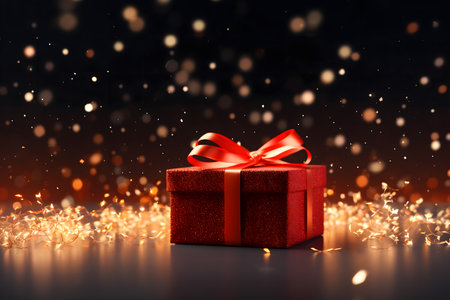 Gift box with red ribbon and bokeh lights on dark backgroundの素材
