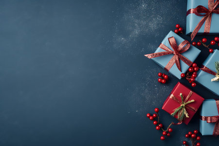 Christmas background with red and blue gift boxes on blackboard. Top view with copy spaceの素材