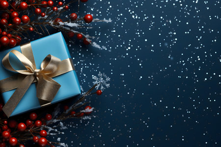 Blue gift box with golden bow on blue background with snowflakes.の素材