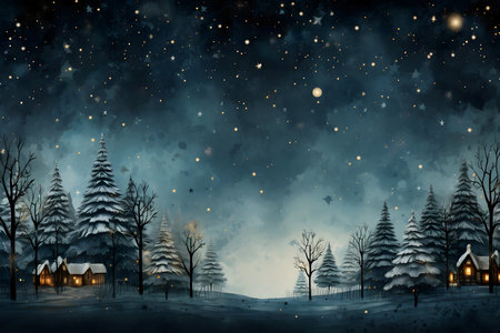 Winter landscape with snow covered trees, houses and sky with stars.の素材