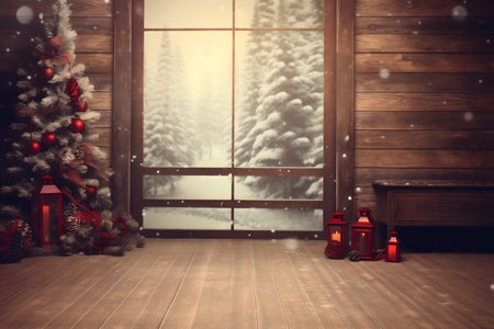 Christmas interior with window, wooden floor and christmas tree on backgroundの素材