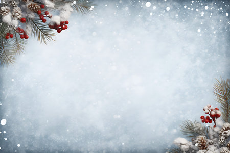 Christmas background with fir branches, berries and snow. Copy space for your text.の素材