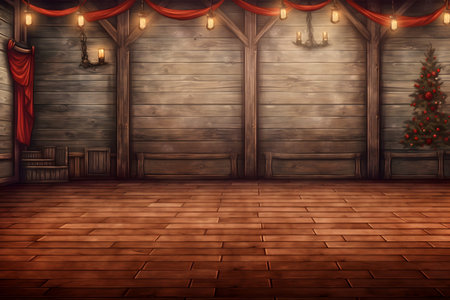 Wooden room with christmas tree and lights - 3d renderingの素材