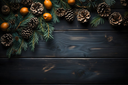 Christmas background with fir branches, tangerines and cones on dark wooden boardの素材