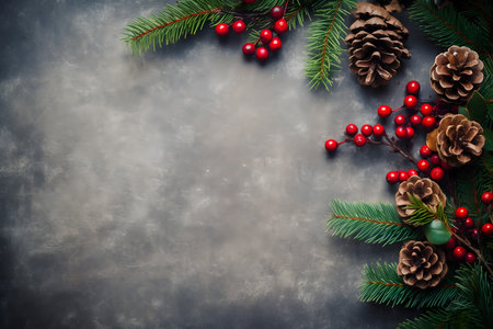 Christmas background with fir tree branches, red berries and cones on dark backgroundの素材