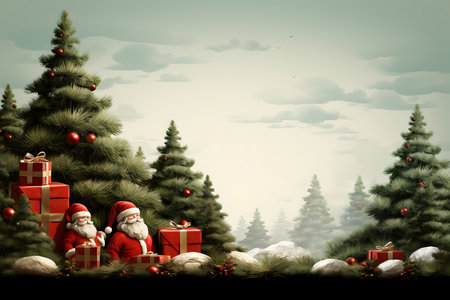 Santa Claus with gift boxes and christmas tree. Christmas background.の素材