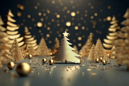 3d illustration of golden christmas tree with gold glitter on dark backgroundの素材