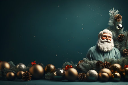 Santa Claus with Christmas tree and baubles on dark background.の素材